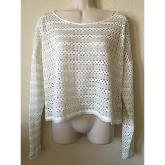 Forever 21 Ivory Silver Shimmer Stripe Long Sleeve Open Stitch Layer Top Size L - Picture 1 of 3